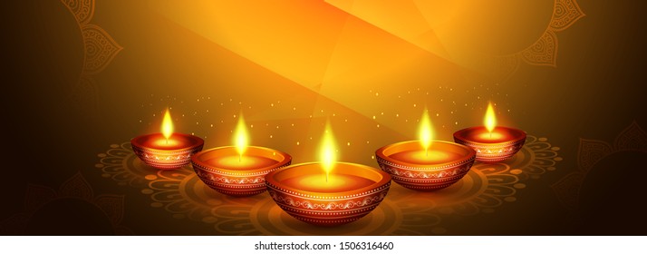 Website header or banner design with illustration of realistic illuminated oil lamps and floral mandala on blurred bokeh background for Diwali festival and space for your text.