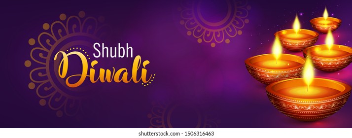 Website header or banner design with illustration of realistic illuminated oil lamps and floral mandala on blurred bokeh background for Diwali festival and space for your text.