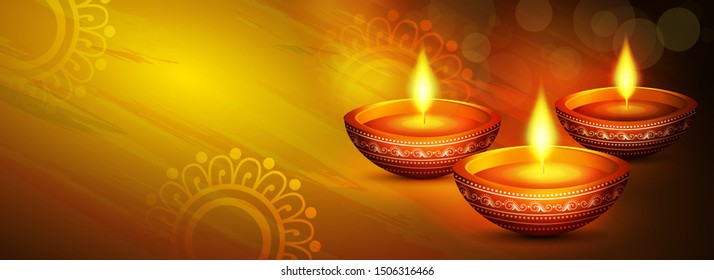 Website header or banner design with illustration of realistic illuminated oil lamps and floral mandala on blurred bokeh background for Diwali festival and space for your text.