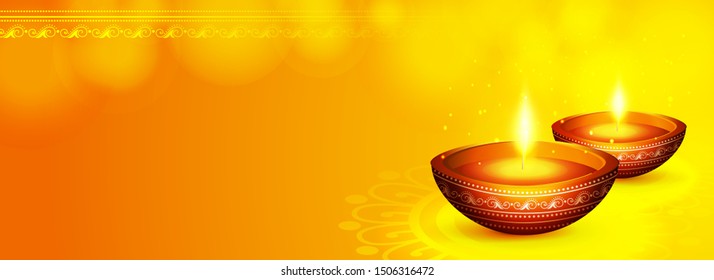 Website header or banner design with illustration of realistic illuminated oil lamps and floral mandala on blurred bokeh background for Diwali festival and space for your text.