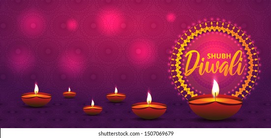 Website header or banner design with illustration of realistic illuminated oil lamps and floral mandala on blurred bokeh background for Diwali festival and space for your text.