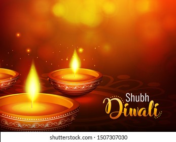Website header or banner design with illustration of realistic illuminated oil lamps and floral mandala on blurred bokeh background for Diwali festival and space for your text.