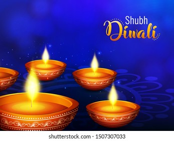 Website header or banner design with illustration of realistic illuminated oil lamps and floral mandala on blurred bokeh background for Diwali festival and space for your text.
