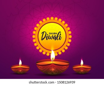 Website header or banner design with illustration of realistic illuminated oil lamps and floral mandala on blurred bokeh background for Diwali festival and space for your text.
