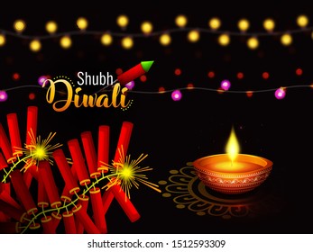 Website header or banner design with illustration of realistic illuminated oil lamps and floral mandala on blurred bokeh background for Diwali festival and space for your text.