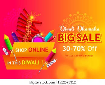 Website header or banner design with illustration of realistic illuminated oil lamps and floral mandala on blurred bokeh background for Diwali festival and space for your text.