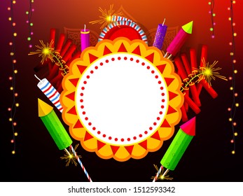 Website header or banner design with illustration of realistic illuminated oil lamps and floral mandala on blurred bokeh background for Diwali festival and space for your text.