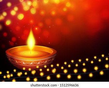 Website header or banner design with illustration of realistic illuminated oil lamps and floral mandala on blurred bokeh background for Diwali festival and space for your text.