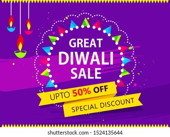 Website header or banner design with illustration of realistic illuminated oil lamps and floral mandala on blurred bokeh background for Diwali festival and space for your text.