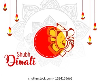 Website header or banner design with illustration of realistic illuminated oil lamps and floral mandala on blurred bokeh background for Diwali festival and space for your text.