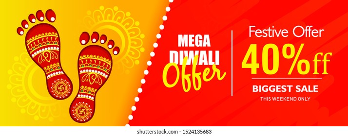 Website header or banner design with illustration of realistic illuminated oil lamps and floral mandala on blurred bokeh background for Diwali festival and space for your text.