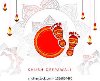 Website header or banner design with illustration of realistic illuminated oil lamps and floral mandala on blurred bokeh background for Diwali festival and space for your text.
