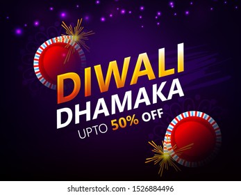 Website header or banner design with illustration of realistic illuminated oil lamps and floral mandala on blurred bokeh background for Diwali festival and space for your text.