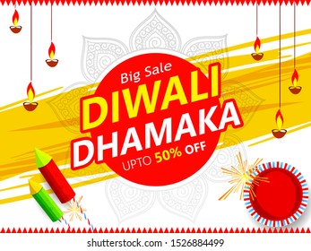 Website header or banner design with illustration of realistic illuminated oil lamps and floral mandala on blurred bokeh background for Diwali festival and space for your text.