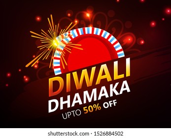 Website header or banner design with illustration of realistic illuminated oil lamps and floral mandala on blurred bokeh background for Diwali festival and space for your text.