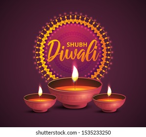 Website header or banner design with illustration of realistic illuminated oil lamps and floral mandala on dark purple background for Diwali festival.