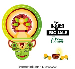 Website header or banner design with illustration of king mahabali. 50% discount offer for Onam Festival Sale.