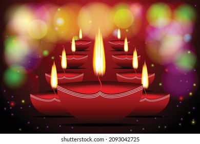 Website header or banner design with illustration of realistic illuminated oil lamps and floral mandala on blurred bokeh background for Diwali festival of light and happy Diwali background 