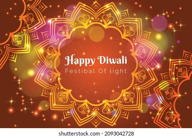 Website header or banner design with illustration of realistic illuminated oil lamps and floral mandala on blurred bokeh background for Diwali festival of light and happy Diwali background 