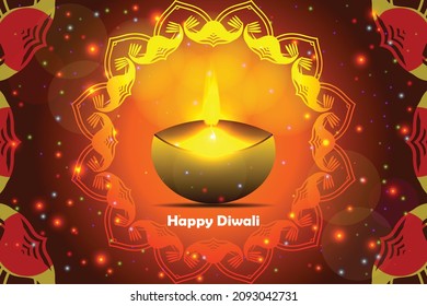 Website header or banner design with illustration of realistic illuminated oil lamps and floral mandala on blurred bokeh background for Diwali festival of light and happy Diwali background 