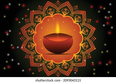 Website header or banner design with illustration of realistic illuminated oil lamps and floral mandala on blurred bokeh background for Diwali festival of light and happy Diwali background 