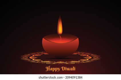 Website header or banner design with illustration of realistic illuminated oil lamps and floral mandala on blurred bokeh background for Diwali festival of light happy Diwali background