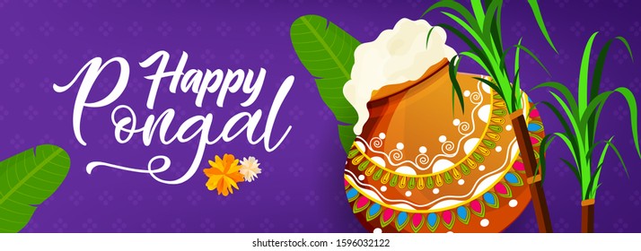 Website Header or Banner Design for Indian Festival Pongal. Vector Illustration.