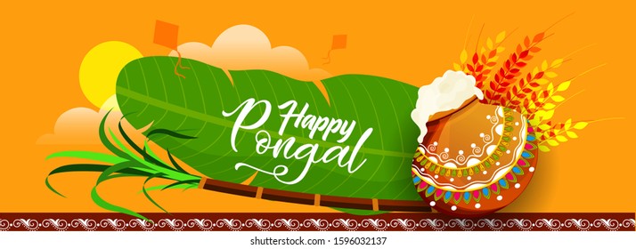 Website Header or Banner Design for Indian Festival Pongal. Vector Illustration.