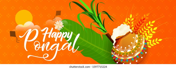 Website Header or Banner Design for Indian Festival Pongal. Vector Illustration.
