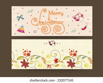 Website header or banner design for Merry Christmas celebrations with X-mas ornaments, floral design and stylish text.