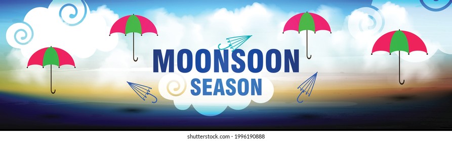 Website Header Or Banner Design For Monsoon Season. Vector Illustration Colourful Design.
