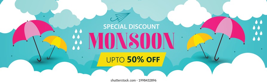 Website Header Or Banner Design For Monsoon Season Sale. Vector Illustration Colourful Design.
