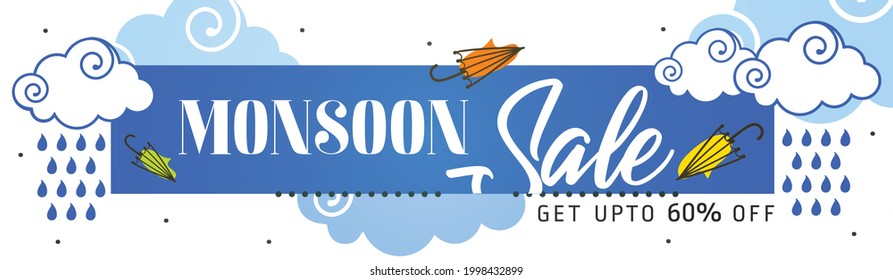 Website Header Or Banner Design For Monsoon Season Sale. Vector Illustration Colourful Design.