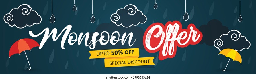 Website Header Or Banner Design For Monsoon Season Sale. Vector Illustration Colourful Design.