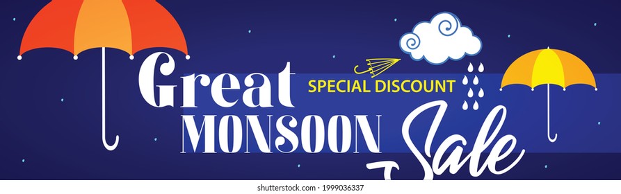 Website Header Or Banner Design For Monsoon Season. Vector Illustration Colourful Design.
