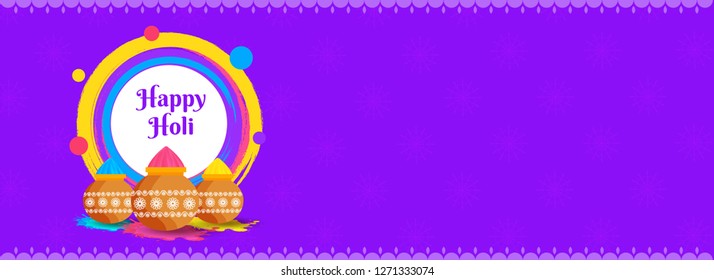 Website header or banner design with mud pot full of dry colours on purple background for Happy Holi celebration concept.