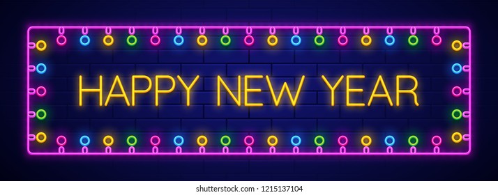 Cabecera de sitio web o diseño de banner con texto neón Feliz Año Nuevo celebración.