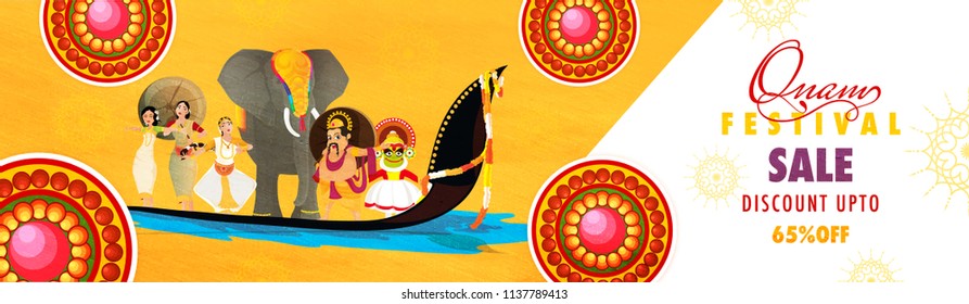 Website header or banner design, Onam festival Sale with Discount Upto 65% offer, showing culture and tradition of Kerala for South Indian festival celebration.