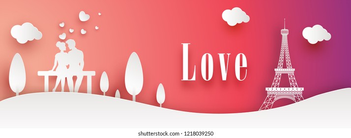 Cabecera de sitio web o diseño de banner con paisaje de estilo de corte de papel, pareja joven se enamora en brillante fondo.