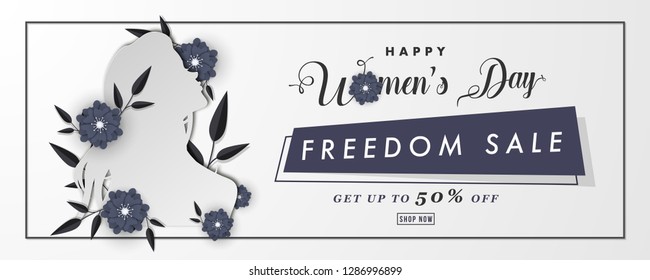Website header or banner design with paper cut woman face illustration and 50% discount offer for Women's Day Freedom Sale.