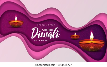 Website header or banner design with paper cut art illustration of realistic illuminated oil lamps and floral mandala on  background for Diwali festival and space for your text.