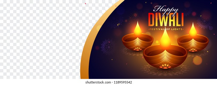Website header or banner design with realistic illuminated oil lamps on floral blue background with space for your product image.