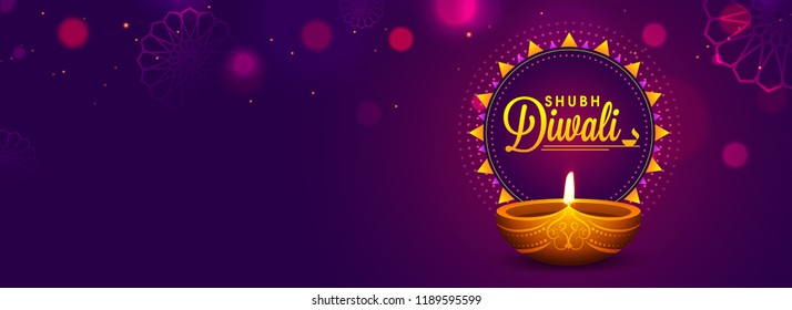 Website header or banner design with realistic oil lamp on purple background for Diwali Festival celebration.