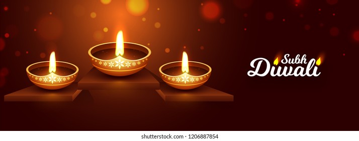 Website header or banner design with realistic illuminated oil lamps on brown bokeh background for Shubh (Happy) Diwali festival.