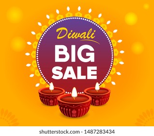 Website header or banner design with realistic oil lamp on purple background for Diwali Festival celebration. - Vector Illustration