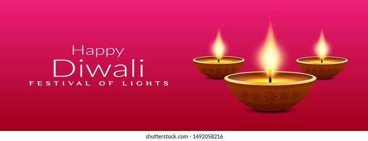Website header or banner design with realistic oil lamp on purple background for Diwali Festival celebration