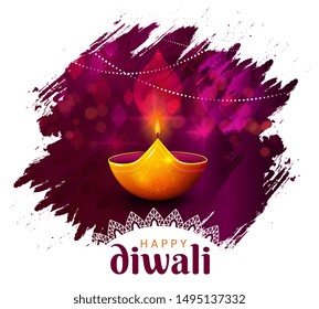 Website header or banner design with realistic oil lamp on purple background for Diwali Festival celebration. - Vector Illustration