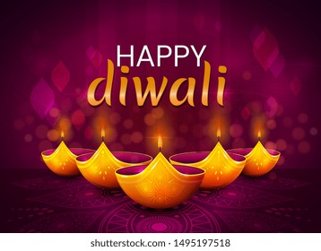 Website header or banner design with realistic oil lamp on purple background for Diwali Festival celebration. - Vector Illustration