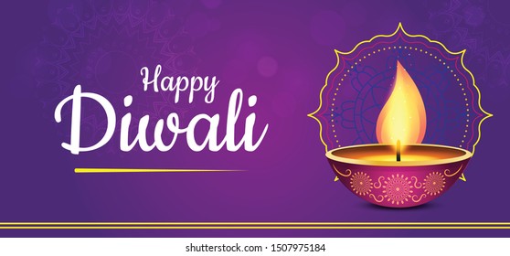 Website header or banner design with realistic oil lamp on purple background for Diwali Festival celebration.