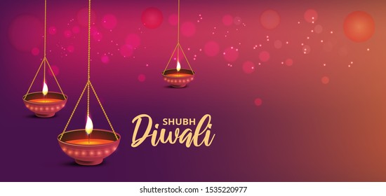 Website header or banner design with realistic oil lamp on purple  background for Diwali Festival celebration.